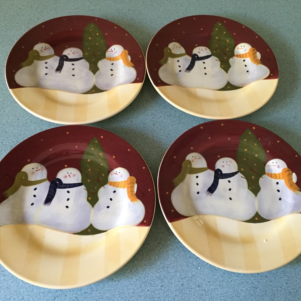 VINTAGE SNOWMEN PLATES 8" WINTER WHIMSY DEB HRABIK FOR DEMDACO 2004  SET OF 4